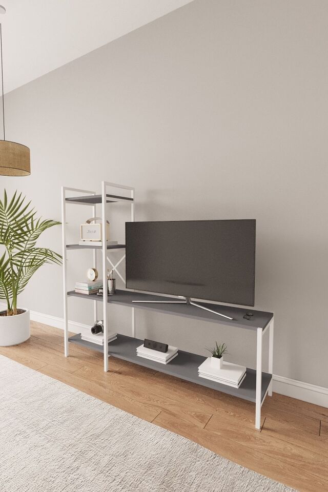 Mobitopya Nilamu Tv Ünitesi | Açık Raflı Tv Sehpası Ve Çok Amaçlı Düzenleyici Raf 150×135×30 Cm Antrasit - Beyaz Demir