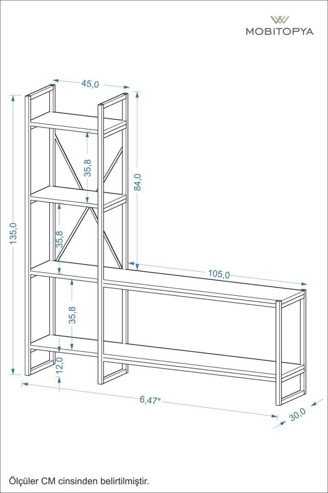 Mobitopya Nilamu Tv Ünitesi | Açık Raflı Tv Sehpası Ve Çok Amaçlı Düzenleyici Raf 150×135×30 Cm Antrasit - Beyaz Demir