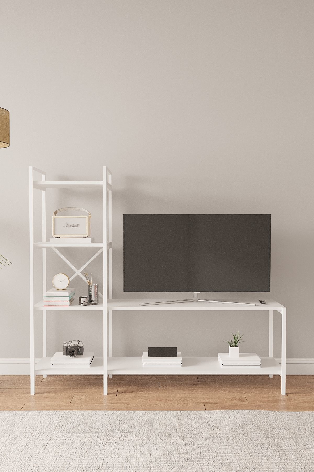 Mobitopya Nilamu Tv Ünitesi | Açık Raflı Tv Sehpası Ve Çok Amaçlı Düzenleyici Raf 150×135×30 Cm Beyaz - Beyaz Demir