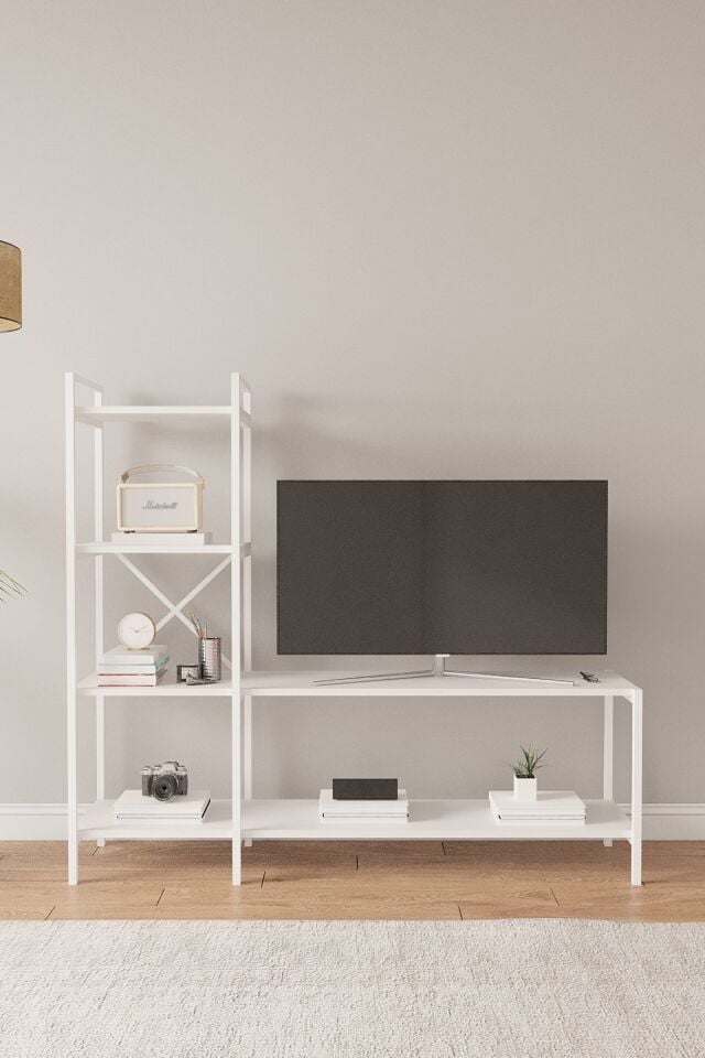 Mobitopya Nilamu Tv Ünitesi | Açık Raflı Tv Sehpası Ve Çok Amaçlı Düzenleyici Raf 150×135×30 Cm Beyaz - Beyaz Demir