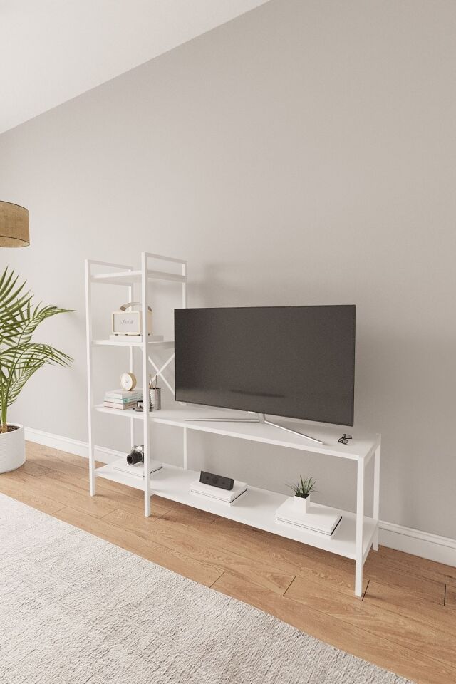 Mobitopya Nilamu Tv Ünitesi | Açık Raflı Tv Sehpası Ve Çok Amaçlı Düzenleyici Raf 150×135×30 Cm Beyaz - Beyaz Demir