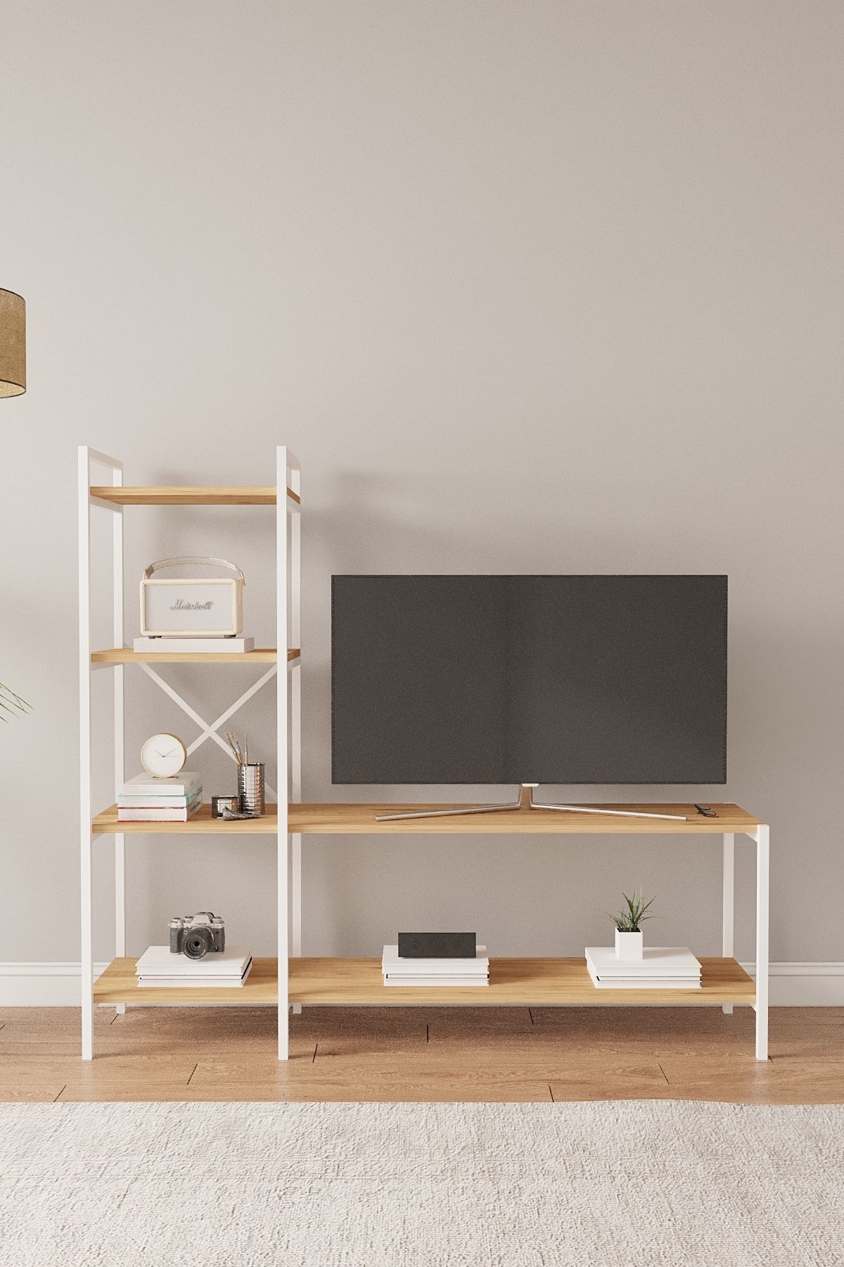 Mobitopya Nilamu Tv Ünitesi | Açık Raflı Tv Sehpası Ve Çok Amaçlı Düzenleyici Raf 150×135×30 Cm Atlantik Çam - Beyaz Demir
