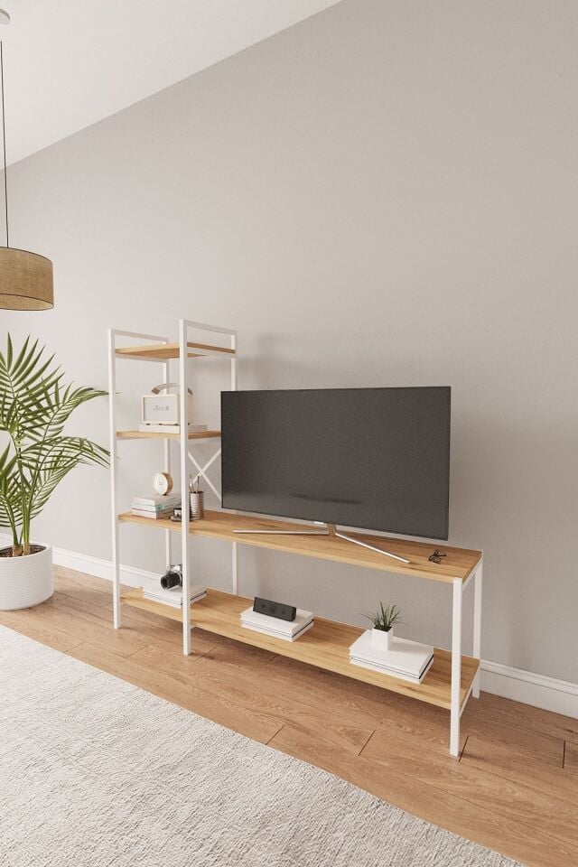 Mobitopya Nilamu Tv Ünitesi | Açık Raflı Tv Sehpası Ve Çok Amaçlı Düzenleyici Raf 150×135×30 Cm Atlantik Çam - Beyaz Demir