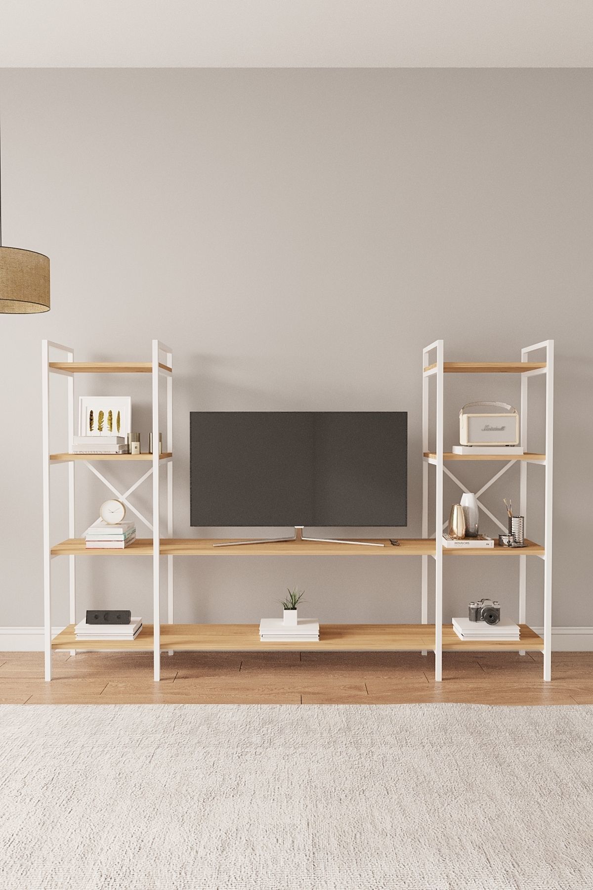 Mobitopya Nilamu | Çok Amaçlı TV Ünitesi & Kitaplık Ofis, Salon ve Ev İçin Şık Tasarım 200x135x30 cm Atlantik Çam - Beyaz Demir