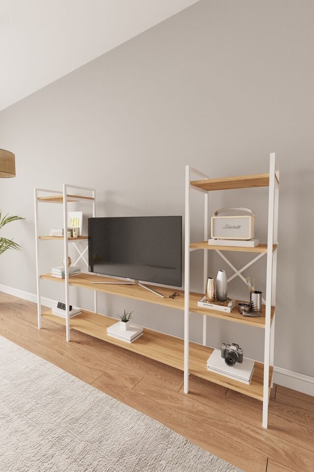 Mobitopya Nilamu | Çok Amaçlı TV Ünitesi & Kitaplık Ofis, Salon ve Ev İçin Şık Tasarım 200x135x30 cm Atlantik Çam - Beyaz Demir