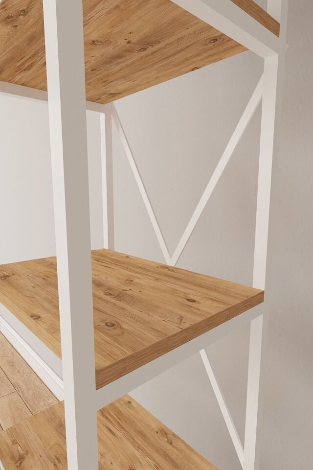 Mobitopya Nilamu | Çok Amaçlı TV Ünitesi & Kitaplık Ofis, Salon ve Ev İçin Şık Tasarım 200x135x30 cm Atlantik Çam - Beyaz Demir