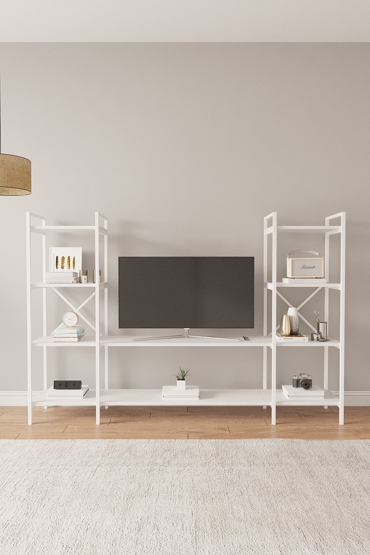 Nilamu | Çok Amaçlı TV Ünitesi & Kitaplık Ofis, Salon ve Ev İçin Şık Tasarım 200x135x30 cm Beyaz - Beyaz Demir