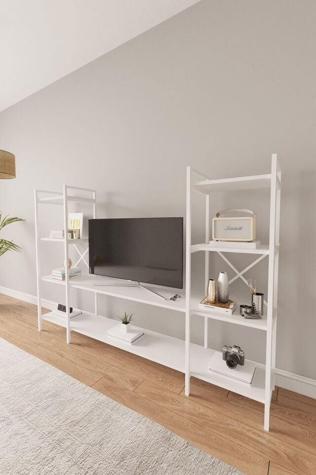 Nilamu | Çok Amaçlı TV Ünitesi & Kitaplık Ofis, Salon ve Ev İçin Şık Tasarım 200x135x30 cm Beyaz - Beyaz Demir