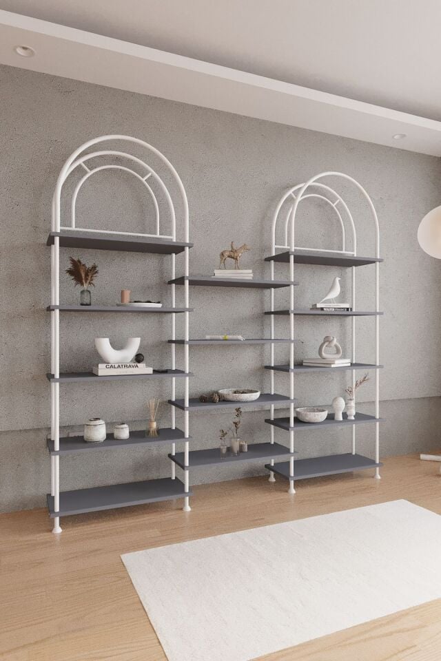 Çevir Kur Bohem Kitaplık | Çok Amaçlı Dekoratif Dolap & Raf 199x203x29 Antrasit - Beyaz Demir
