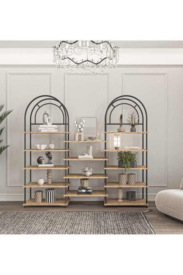 Mobitopya Nilamu Çevir Kur Bohem Kitaplık | Çok Amaçlı Dekoratif Dolap & Raf 199x203x29 Atlantik Çam - Siyah Demir