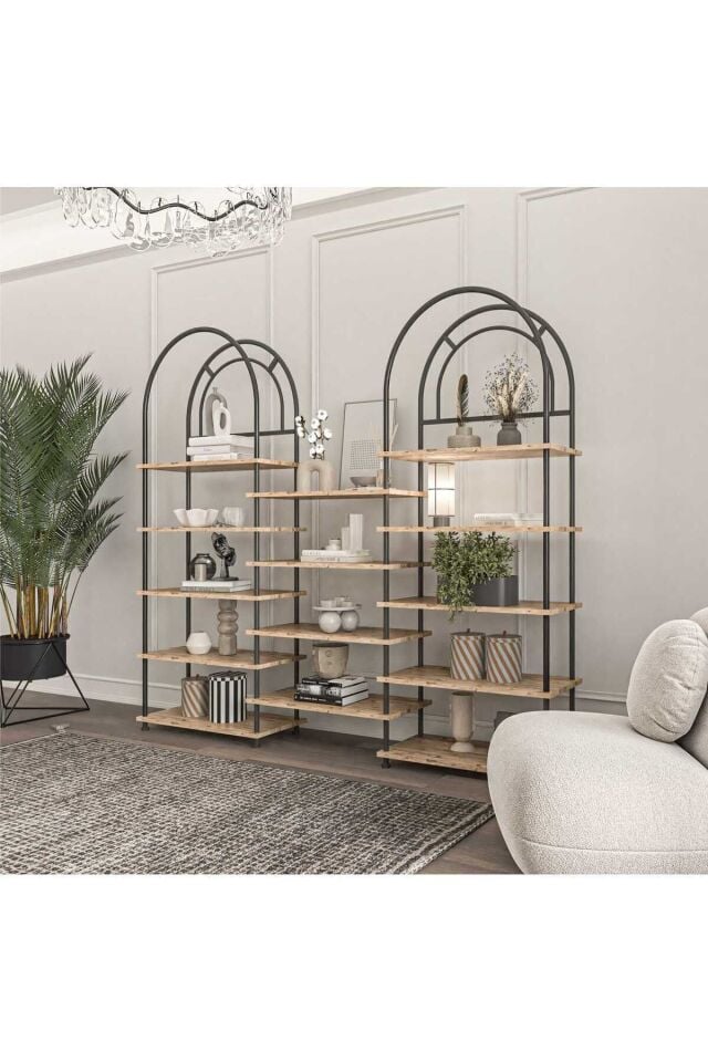 Mobitopya Nilamu Çevir Kur Bohem Kitaplık | Çok Amaçlı Dekoratif Dolap & Raf 199x203x29 Atlantik Çam - Siyah Demir