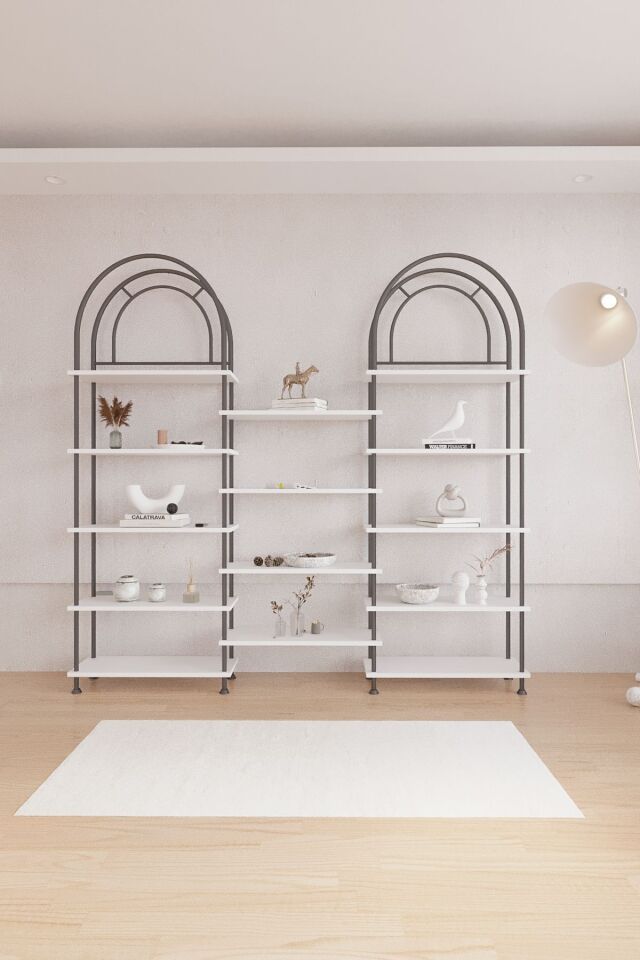 Mobitopya Nilamu Çevir Kur Bohem Kitaplık | Çok Amaçlı Dekoratif Dolap & Raf 199x203x29 Beyaz - Siyah Demir