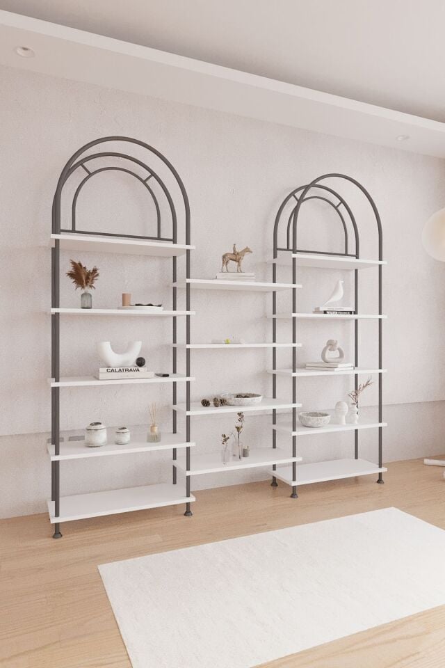 Mobitopya Nilamu Çevir Kur Bohem Kitaplık | Çok Amaçlı Dekoratif Dolap & Raf 199x203x29 Beyaz - Siyah Demir