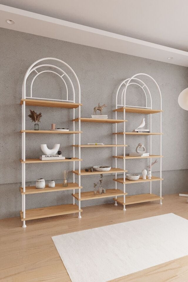 Çevir Kur Bohem Kitaplık | Çok Amaçlı Dekoratif Dolap & Raf 199x203x29 Atlantik Çam - Beyaz Demir