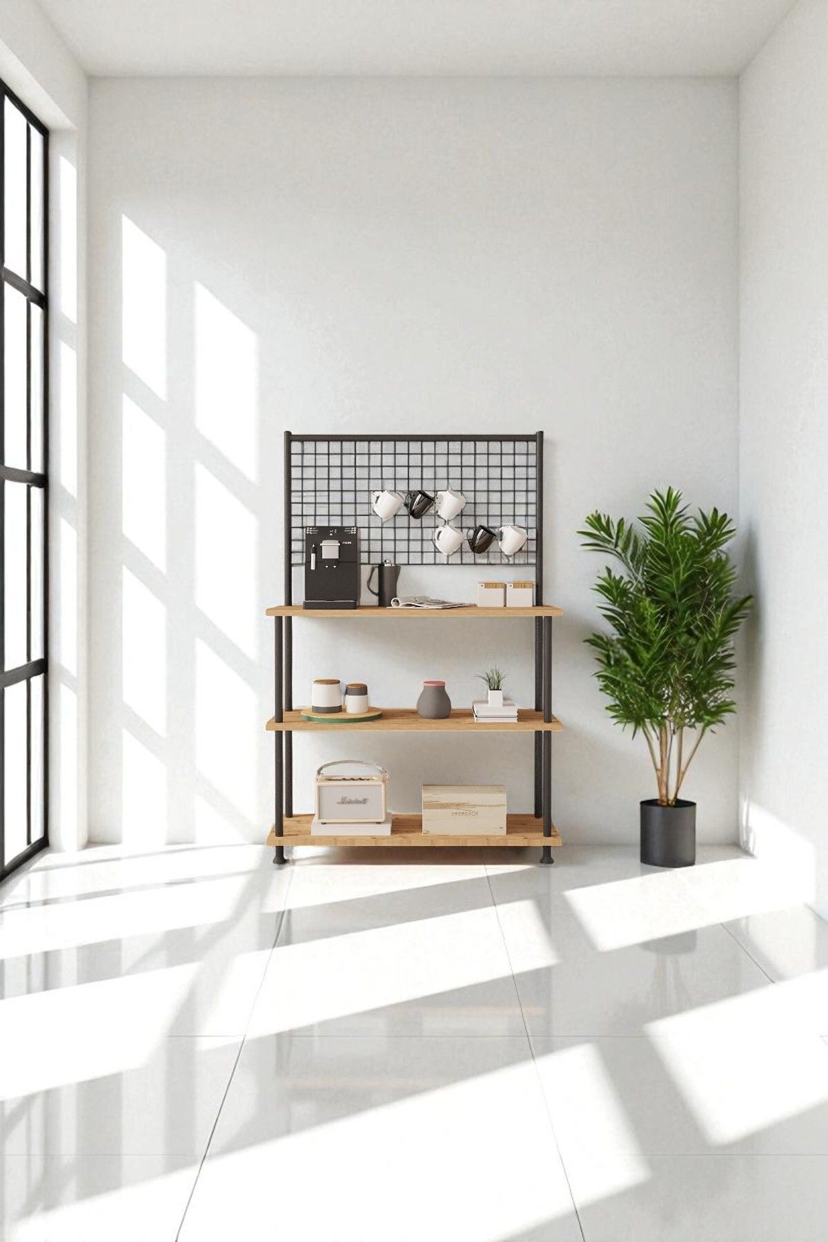 Mobitopya Çevir Kur Raflı Kahve Köşesi Dolabı | Mutfak Düzenleyici Stand 71x134x35 cm Atlantik Çam - Siyah Demir