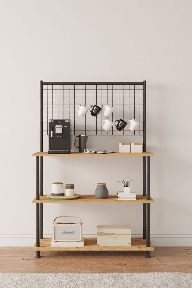 Mobitopya Çevir Kur Raflı Kahve Köşesi Dolabı | Mutfak Düzenleyici Stand 71x134x35 cm Atlantik Çam - Siyah Demir