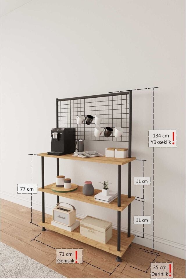 Mobitopya Çevir Kur Raflı Kahve Köşesi Dolabı | Mutfak Düzenleyici Stand 71x134x35 cm Atlantik Çam - Siyah Demir
