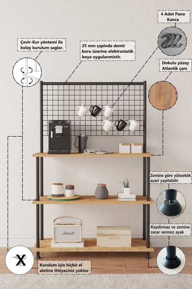 Mobitopya Çevir Kur Raflı Kahve Köşesi Dolabı | Mutfak Düzenleyici Stand 71x134x35 cm Atlantik Çam - Siyah Demir