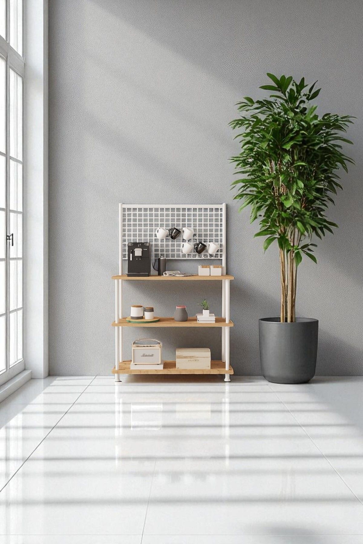 Çevir Kur Raflı Kahve Köşesi Dolabı | Mutfak Düzenleyici. Stand. 71x134x35 cm Atlantik Çam - Beyaz Demir