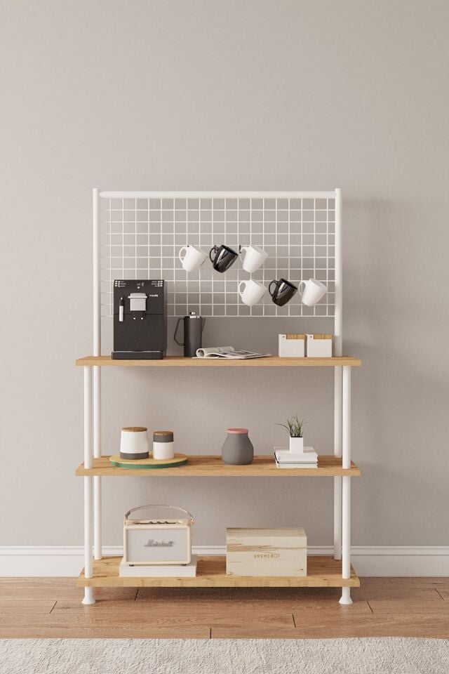 Çevir Kur Raflı Kahve Köşesi Dolabı | Mutfak Düzenleyici. Stand. 71x134x35 cm Atlantik Çam - Beyaz Demir