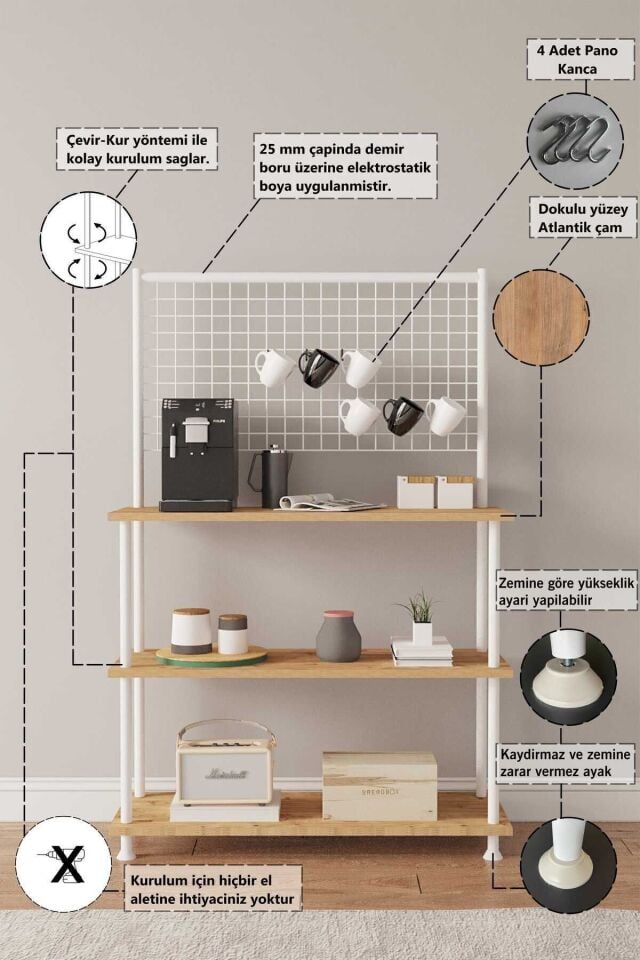 Mobitopya Çevir Kur Raflı Kahve Köşesi Dolabı | Mutfak Düzenleyici Stand 71x134x35 cm Atlantik Çam - Beyaz Demir