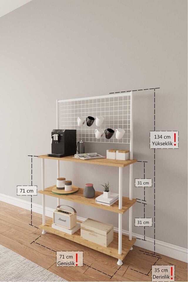 Çevir Kur Raflı Kahve Köşesi Dolabı | Mutfak Düzenleyici. Stand. 71x134x35 cm Atlantik Çam - Beyaz Demir