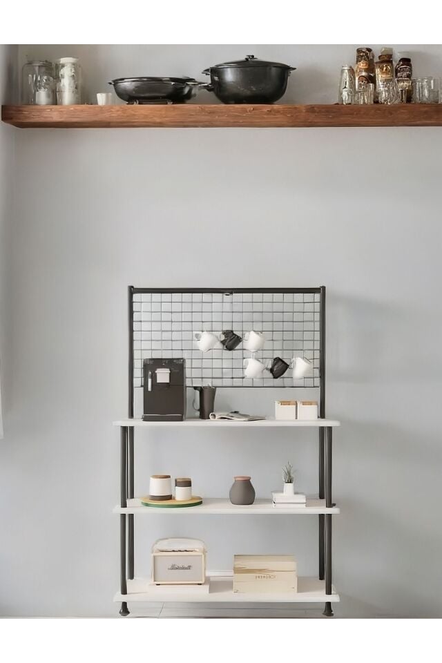 Mobitopya Çevir Kur Raflı Kahve Köşesi Dolabı | Mutfak Düzenleyici Stand 71x134x35 cm Beyaz - Siyah Demir