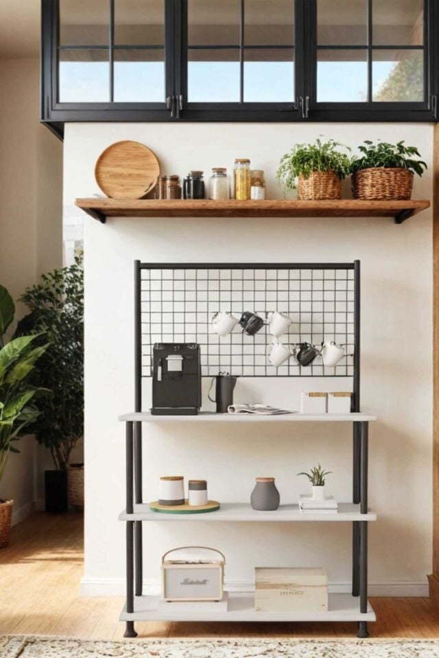 Mobitopya Çevir Kur Raflı Kahve Köşesi Dolabı | Mutfak Düzenleyici Stand 71x134x35 cm Beyaz - Siyah Demir