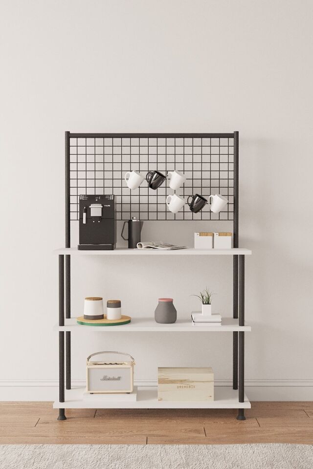Mobitopya Çevir Kur Raflı Kahve Köşesi Dolabı | Mutfak Düzenleyici Stand 71x134x35 cm Beyaz - Siyah Demir