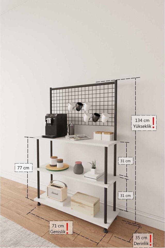 Mobitopya Çevir Kur Raflı Kahve Köşesi Dolabı | Mutfak Düzenleyici Stand 71x134x35 cm Beyaz - Siyah Demir