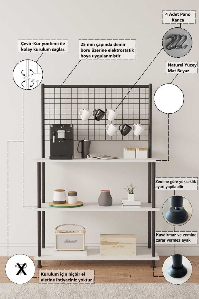Mobitopya Çevir Kur Raflı Kahve Köşesi Dolabı | Mutfak Düzenleyici Stand 71x134x35 cm Beyaz - Siyah Demir