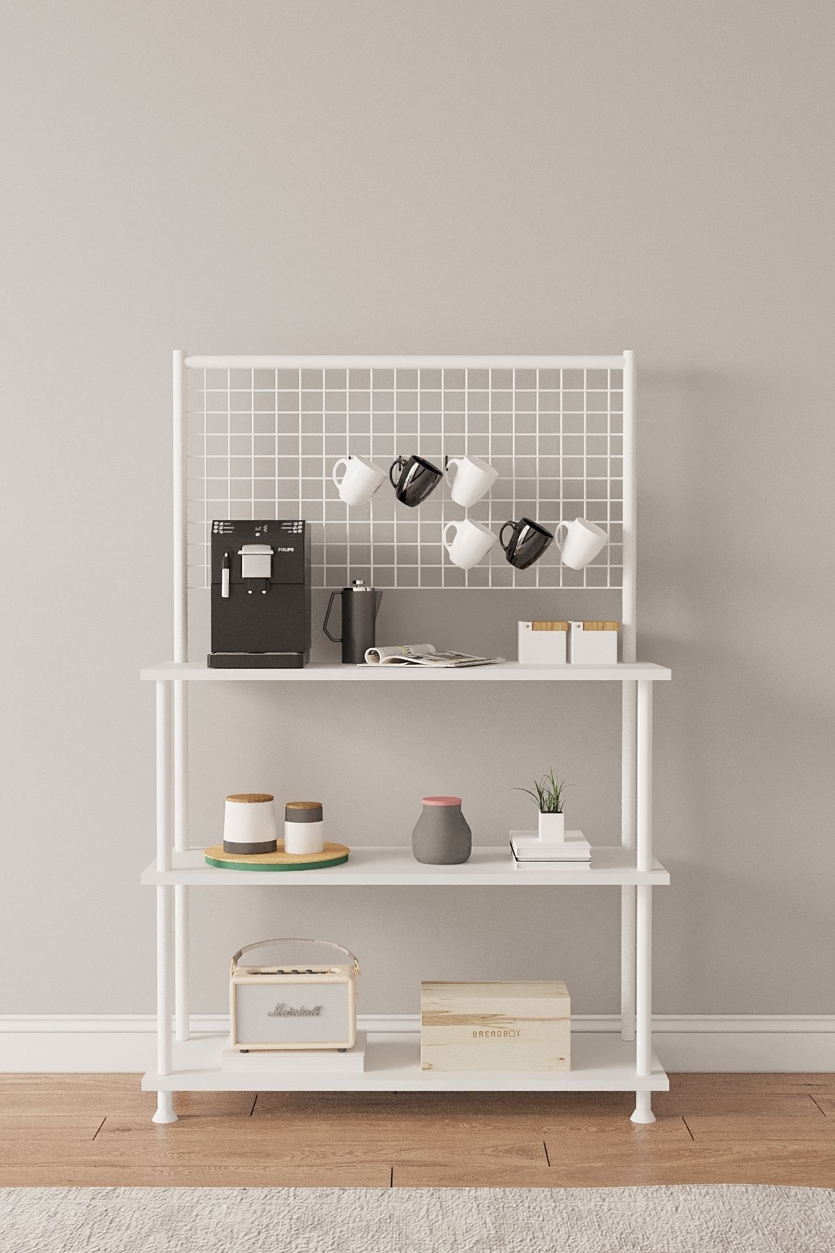 Mobitopya Çevir Kur Raflı Kahve Köşesi Dolabı | Mutfak Düzenleyici Stand 71x134x35 cm Beyaz - Beyaz Demir