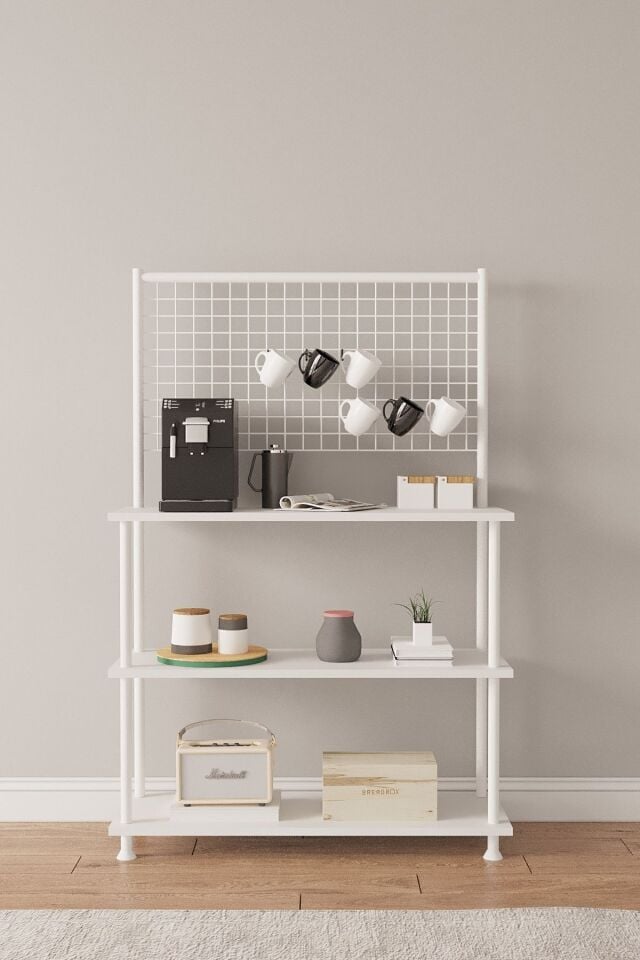 Mobitopya Çevir Kur Raflı Kahve Köşesi Dolabı | Mutfak Düzenleyici Stand 71x134x35 cm Beyaz - Beyaz Demir
