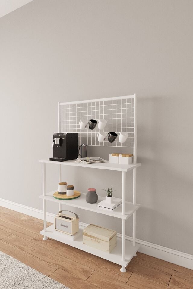 Mobitopya Çevir Kur Raflı Kahve Köşesi Dolabı | Mutfak Düzenleyici Stand 71x134x35 cm Beyaz - Beyaz Demir