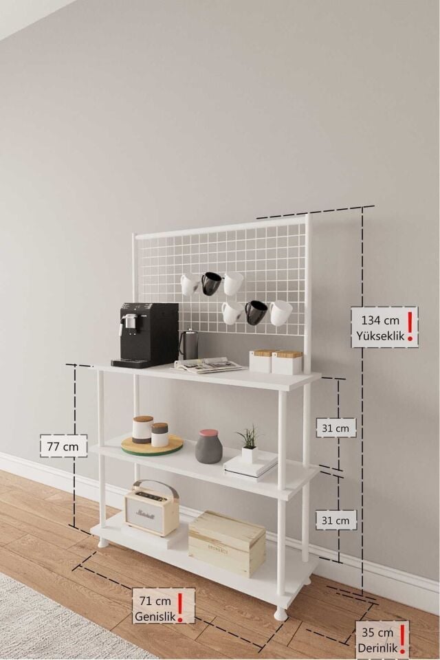 Mobitopya Çevir Kur Raflı Kahve Köşesi Dolabı | Mutfak Düzenleyici Stand 71x134x35 cm Beyaz - Beyaz Demir