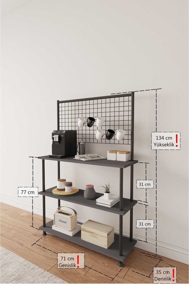 Mobitopya Çevir Kur Raflı Kahve Köşesi Dolabı | Mutfak Düzenleyici Stand 71x134x35 cm Antrasit