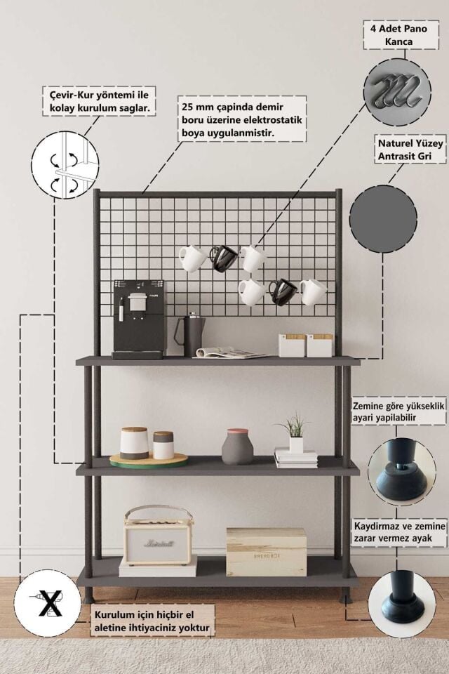 Mobitopya Çevir Kur Raflı Kahve Köşesi Dolabı | Mutfak Düzenleyici Stand 71x134x35 cm Antrasit