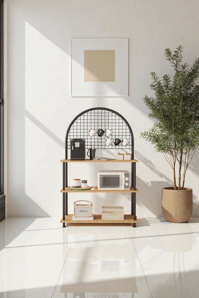 Mobitopya Çevir Kur Çok Amaçlı Kahve Köşesi Dolabı | 3 Raflı Mutfak Standı & Düzenleyici Dolap 71x134x35 cm Atlantik Çam - Siyah Demir