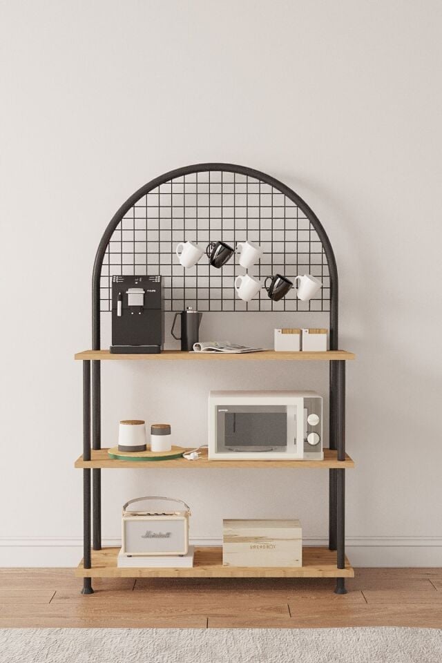 Mobitopya Çevir Kur Çok Amaçlı Kahve Köşesi Dolabı | 3 Raflı Mutfak Standı & Düzenleyici Dolap 71x134x35 cm Atlantik Çam - Siyah Demir