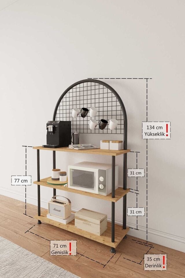 Mobitopya Çevir Kur Çok Amaçlı Kahve Köşesi Dolabı | 3 Raflı Mutfak Standı & Düzenleyici Dolap 71x134x35 cm Atlantik Çam - Siyah Demir