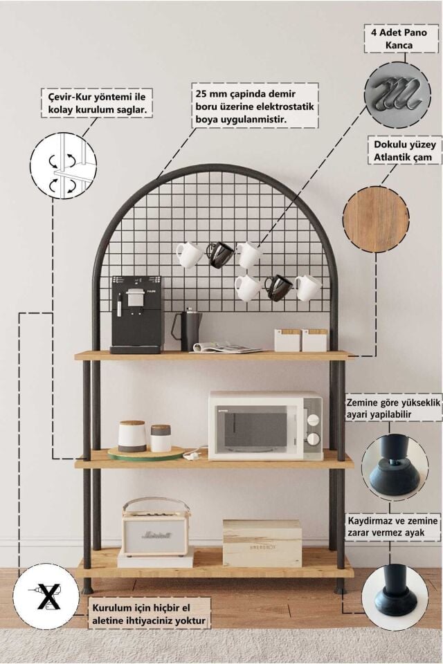 Mobitopya Çevir Kur Çok Amaçlı Kahve Köşesi Dolabı | 3 Raflı Mutfak Standı & Düzenleyici Dolap 71x134x35 cm Atlantik Çam - Siyah Demir