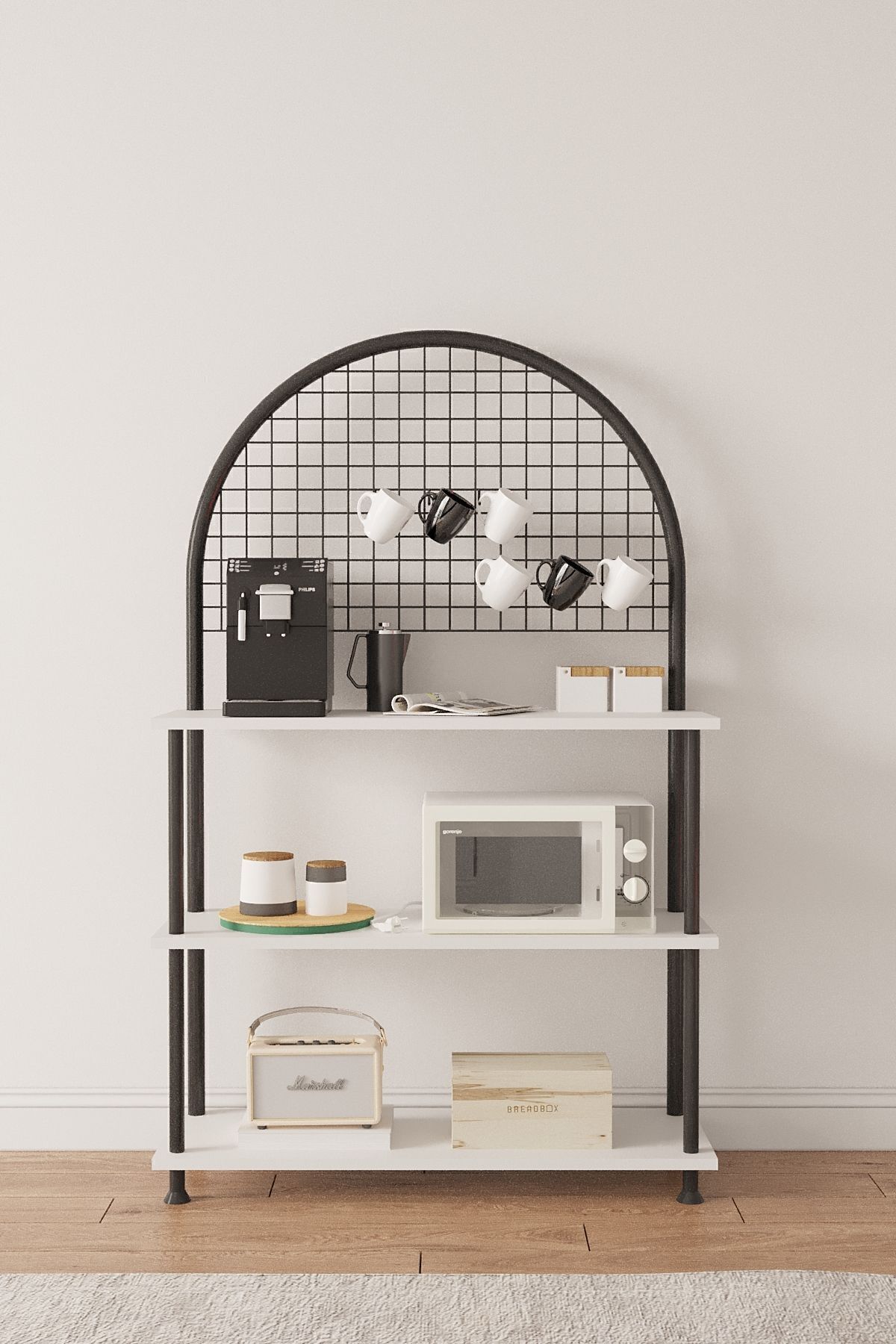 Mobitopya Çevir Kur Çok Amaçlı Kahve Köşesi Dolabı | 3 Raflı Mutfak Standı & Düzenleyici Dolap 71x134x35 cm Beyaz - Siyah Demir