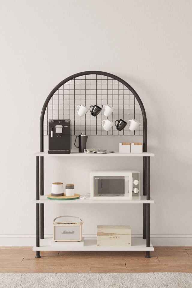 Mobitopya Çevir Kur Çok Amaçlı Kahve Köşesi Dolabı | 3 Raflı Mutfak Standı & Düzenleyici Dolap 71x134x35 cm Beyaz - Siyah Demir