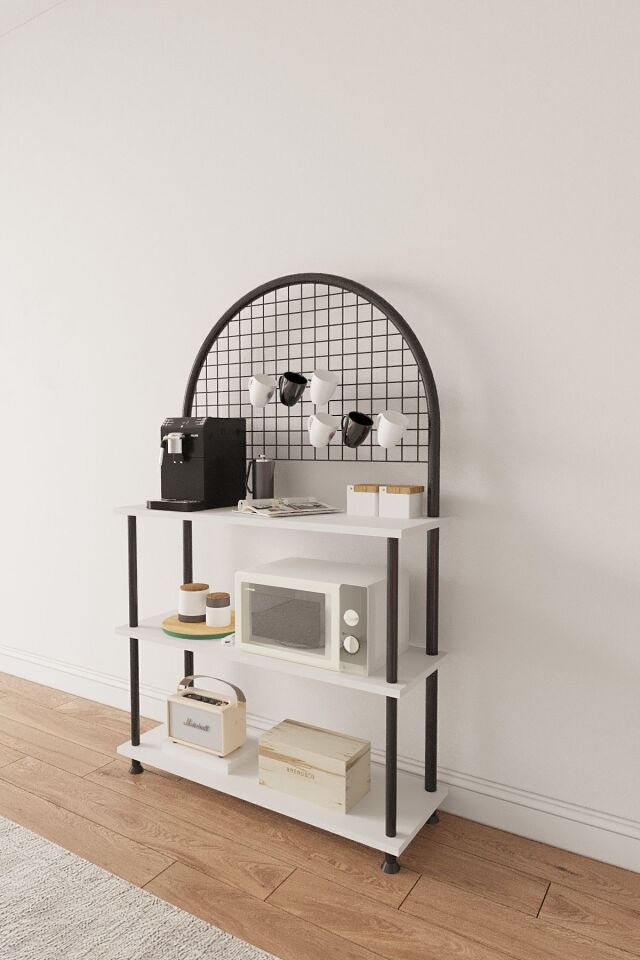 Mobitopya Çevir Kur Çok Amaçlı Kahve Köşesi Dolabı | 3 Raflı Mutfak Standı & Düzenleyici Dolap 71x134x35 cm Beyaz - Siyah Demir