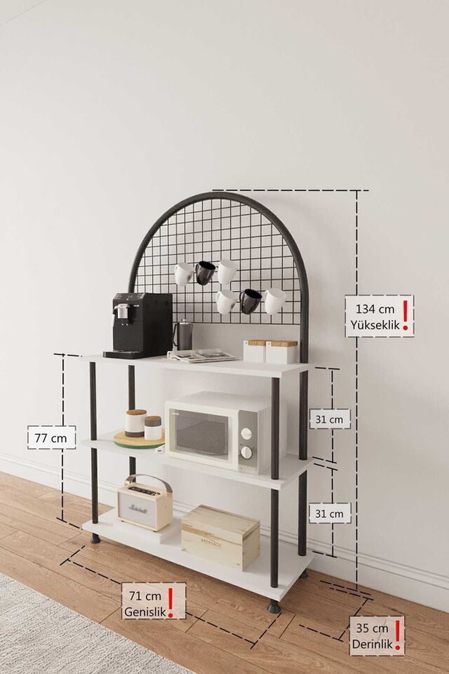 Mobitopya Çevir Kur Çok Amaçlı Kahve Köşesi Dolabı | 3 Raflı Mutfak Standı & Düzenleyici Dolap 71x134x35 cm Beyaz - Siyah Demir