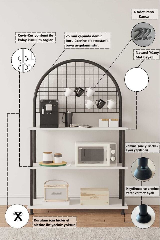 Mobitopya Çevir Kur Çok Amaçlı Kahve Köşesi Dolabı | 3 Raflı Mutfak Standı & Düzenleyici Dolap 71x134x35 cm Beyaz - Siyah Demir