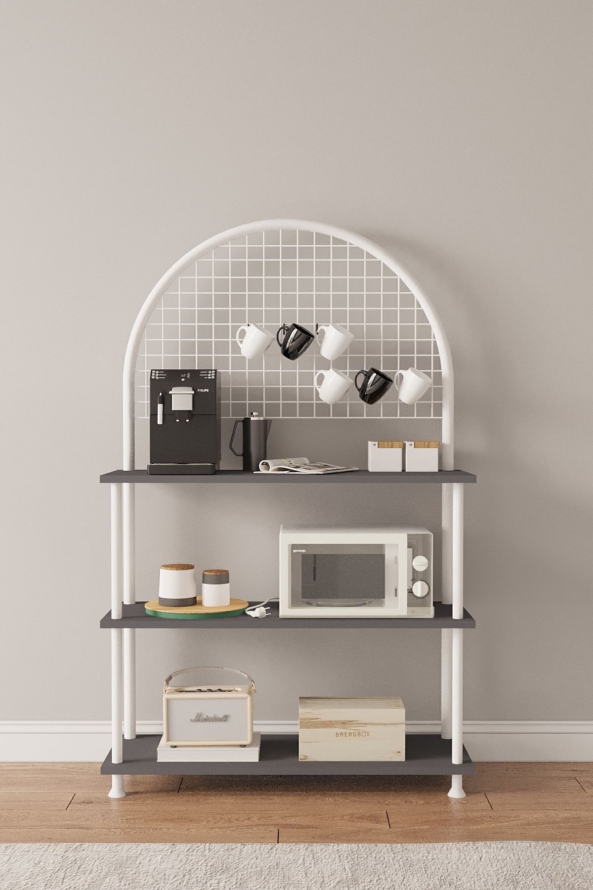 Mobitopya Çevir Kur Çok Amaçlı Kahve Köşesi Dolabı | 3 Raflı Mutfak Standı & Düzenleyici Dolap 71x134x35 cm Antrasit - Beyaz Demir