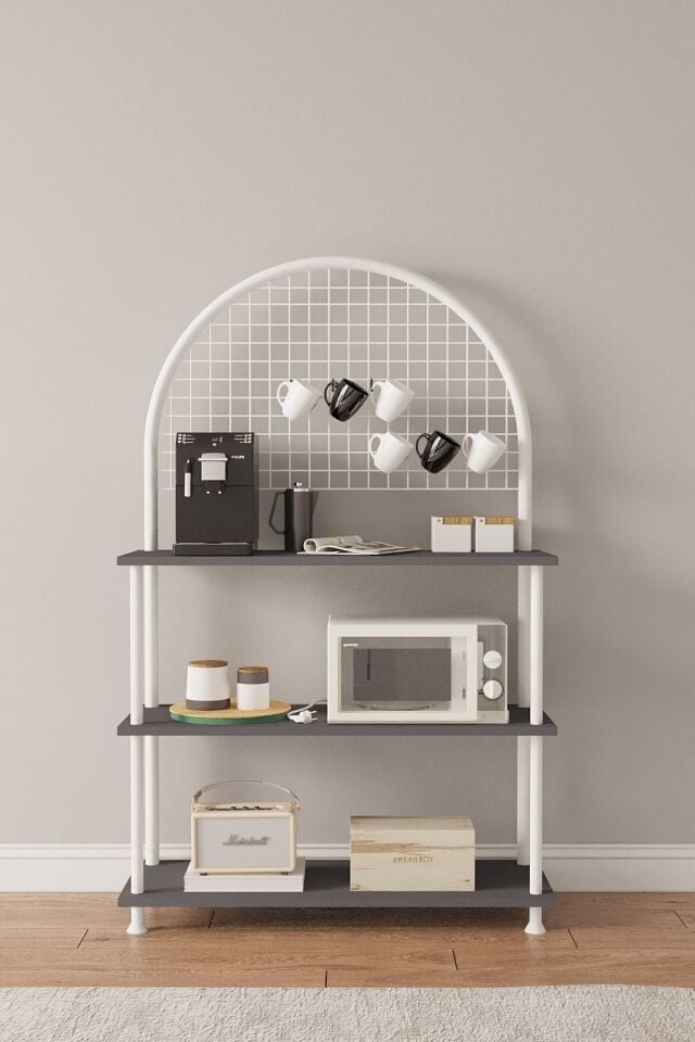 Mobitopya Çevir Kur Çok Amaçlı Kahve Köşesi Dolabı | 3 Raflı Mutfak Standı & Düzenleyici Dolap 71x134x35 cm Antrasit - Beyaz Demir