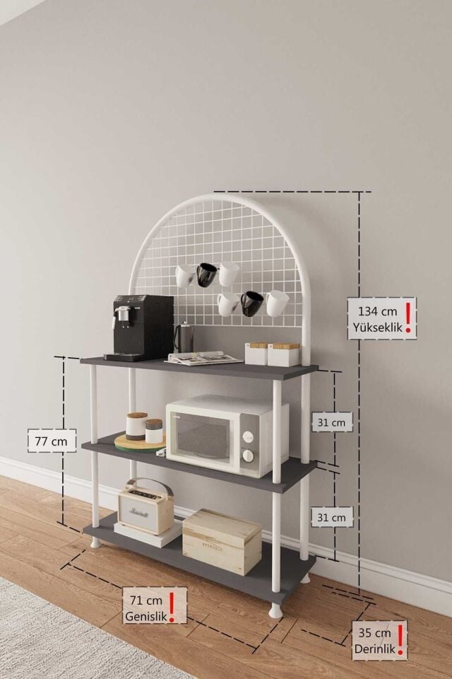 Mobitopya Çevir Kur Çok Amaçlı Kahve Köşesi Dolabı | 3 Raflı Mutfak Standı & Düzenleyici Dolap 71x134x35 cm Antrasit - Beyaz Demir