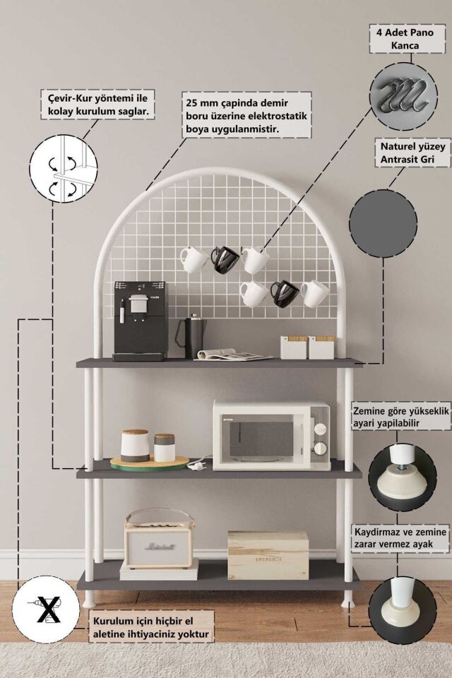 Mobitopya Çevir Kur Çok Amaçlı Kahve Köşesi Dolabı | 3 Raflı Mutfak Standı & Düzenleyici Dolap 71x134x35 cm Antrasit - Beyaz Demir